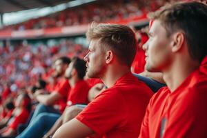 AI generated Group of fans watching football match on the stands of the stadium. photo