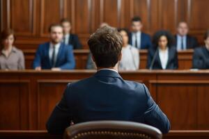 AI generated Lawyer pleading case to jury in court. photo