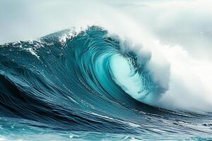 AI generated Blue ocean wave with white foam and blue sky. photo