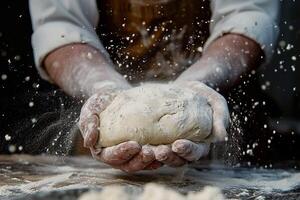 AI generated Man kneading dough on wooden table in kitchen. photo