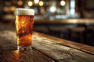 AI generated Glass of beer on a wooden table in a pub. photo