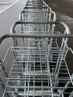 empty luggage carts in a row at the airport. selective focus.High quality photo