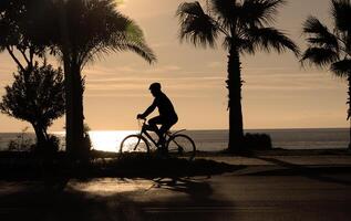 silueta de un hombre montando un bicicleta en contra el fondo de un mar puesta de sol. el concepto de naturaleza y belleza. naranja puesta de sol. silueta a puesta de sol. alto calidad foto