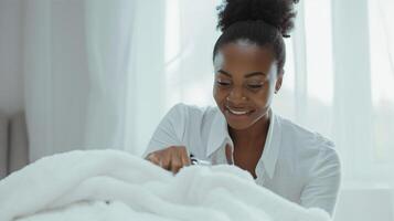 AI generated Cheerful woman making bed at home, enjoying daily chores. photo