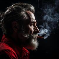 ai generado perfil de un canoso Envejecido barbado hombre en un rojo camisa de fumar un cigarro en un nube de fumar, en un negro antecedentes. foto