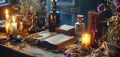 AI generated A magical setting with an open old book, lit candles, and antique bottles. photo