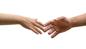 hands of a man and a woman hands reaching towards each other on a white background. Friendship and respect concept photo