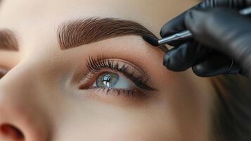 AI generated Close-up of a master's hand in a black glove creating perfect eyebrows. photo