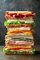 AI generated A tall sandwich with layers of meats, cheese, and vegetables. photo
