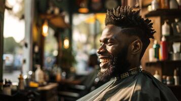 AI Generated Cheerful African man enjoying grooming session at a barber shop. photo