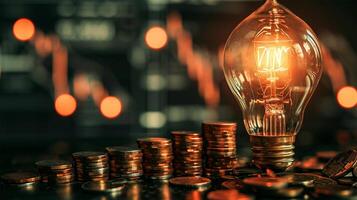 AI generated A glowing light bulb on a stack of coins against a bokeh background, symbolizing financial ideas or the cost of paying for electricity. photo