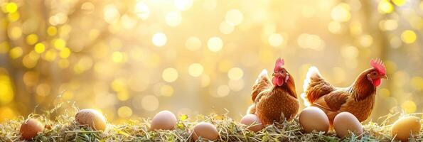 AI generated beautiful easter background with chickens and eggs, copy space .Two hens by a nest of eggs, bathed in warm sunlight with a golden bokeh background. photo