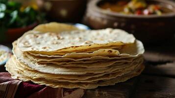 AI generated Pile of freshly made tortillas on a rustic table with salad in the background. photo