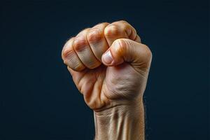 AI generated A detailed view of a raised, clenched fist against a dark background, symbolizing strength and resolve. photo