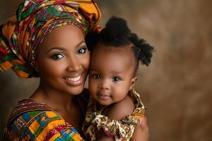 AI generated A smiling African American mother in colorful clothing holds her baby in a loving embrace. photo