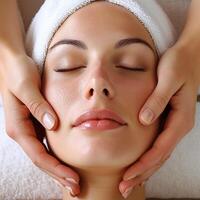 ai generado cosmético masaje cara .mujer disfrutando un facial masaje a un spa. foto