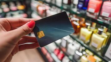 AI generated Close-up of a hand holding a credit card in a cosmetics shop. photo