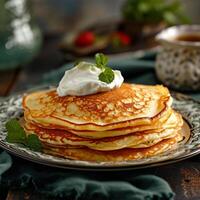 AI generated Pancake Stack with Sour Cream photo