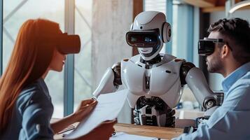 AI generated A humanoid robot interacts with two business professionals wearing VR headsets in a modern office. photo