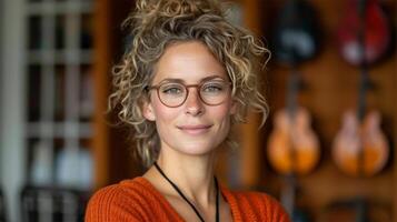 AI Generated  Smiling woman with curly hair and glasses in a music store. photo