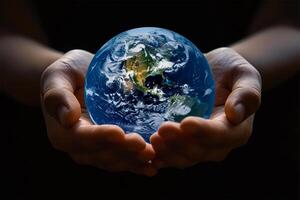 AI Generated planet earth in human hands.Hands cradle a glowing globe, symbolizing care and responsibility for the Earth. photo