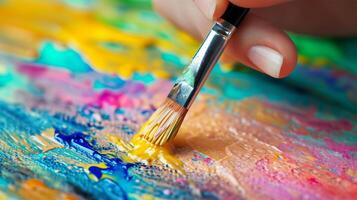 AI generated Close-up of a paintbrush adding vibrant yellow to a colorful oil painting. photo