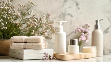 AI Generated  Spa essentials with flowers on neutral backdrop.Body Care and Toiletries photo