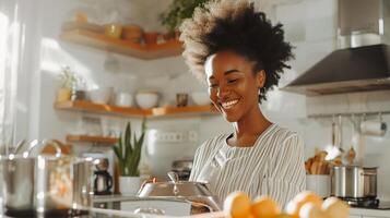 AI generated A woman with a beaming smile preparing a meal in a sunlit kitchen. photo