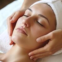 AI generated cosmetic massage face .Woman enjoying a facial massage at a spa. photo