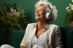 ai generado alegre mayor mujer escuchando a música con blanco auriculares foto