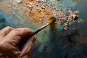 AI generated Close-up of the hand of a restoration artist with a brush, smearing dust from the canvas. photo