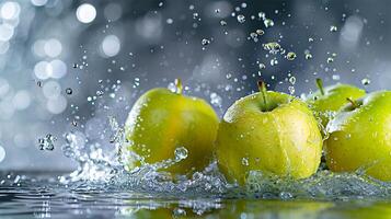 AI generated Juicy green apples amidst a dynamic water splash on a bokeh background.background image for a webstite header photo