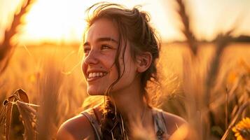 ai generado retrato de un alegre mujer en un trigo campo en un soleado día, el concepto de cosecha, agricultura, agricultura foto