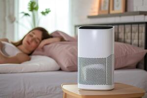 AI generated Woman asleep in bed with a focus on the air purifier in the foreground. photo