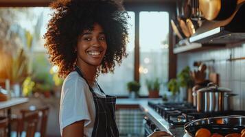 AI Generated Smiling African American woman in apron standing in a well-equipped kitchen. photo