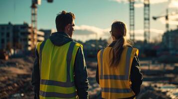 AI generated Two professionals in high-visibility vests overseeing a construction site. photo