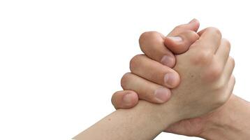 strong handshake of the Caucasian people. isolate on a white background. High quality photo