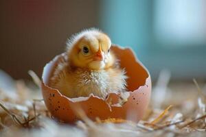 AI Generated  A tiny chick nestled within a broken eggshell. photo