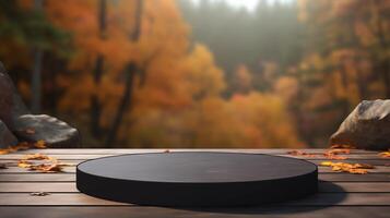 AI generated Empty round black stone podium for product display with blurred autumn forest background. photo