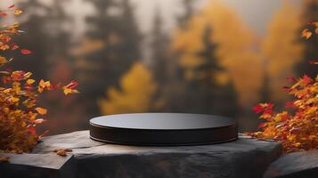 AI generated Empty round black stone podium for product display with blurred autumn forest background. photo