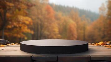 AI generated Empty round black stone podium for product display with blurred autumn forest background. photo