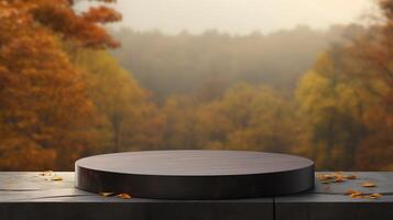 AI generated Empty round black stone podium for product display with blurred autumn forest background. photo