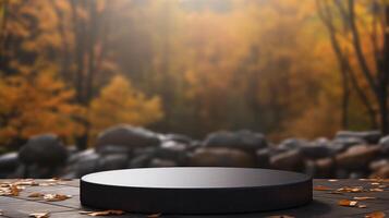 AI generated Empty round black stone podium for product display with blurred autumn forest background. photo