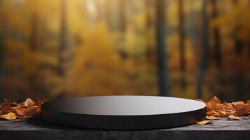 AI generated Empty round black stone podium for product display with blurred autumn forest background. photo