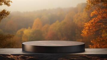 AI generated Empty round black stone podium for product display with blurred autumn forest background. photo