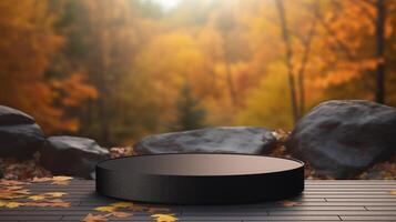 AI generated Empty round black stone podium for product display with blurred autumn forest background. photo