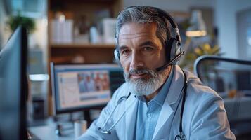 AI generated A close-up of a focused doctor wearing a headset and looking at computer screen during video call with a patient. Doctor is explaining diagnosis, with visible empathy, professionalism. photo