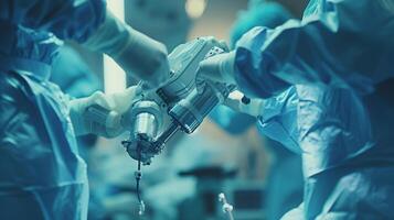 AI generated A close-up scene capturing moment a surgical robot's articulated arm is being guided by surgeon during a complex procedure. emphasize interaction between doctor and robotic equipment photo