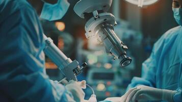 ai generado equipo de cirujanos ejecutando un delicado operación utilizando un quirúrgico microscopio en un operando habitación. foto