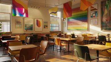 AI generated A cozy LGBTQ friendly where individuals gather for a mental health workshop. The cafe is adorned with artwork celebrating diversity, and the atmosphere is warm and inviting. photo